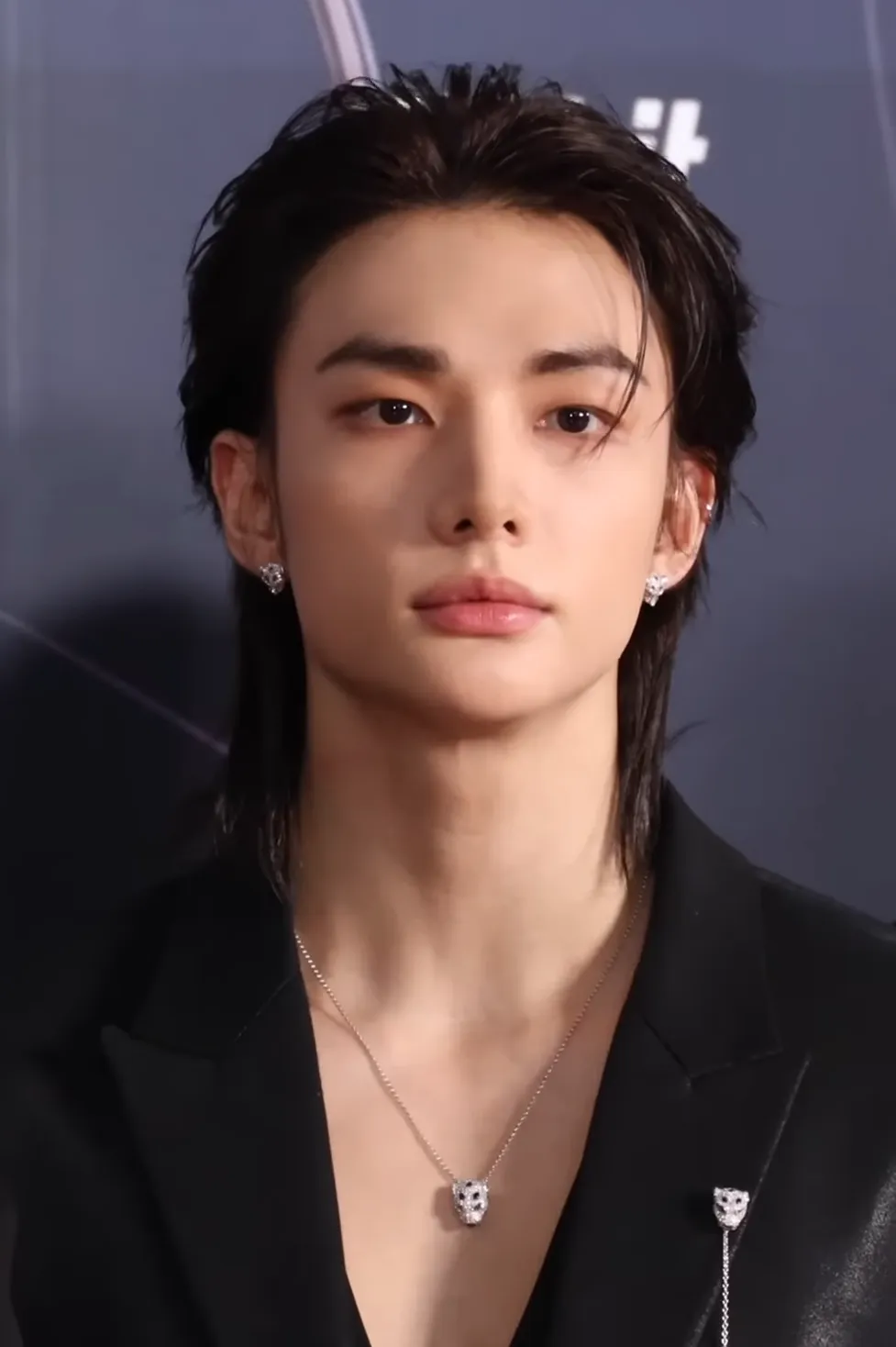 Hyunjin of Stray Kids, in a black jacket and a fine necklace, looks toward the camera on the red carpet of the 40th Golden Disc Awards on 10 January 2026.